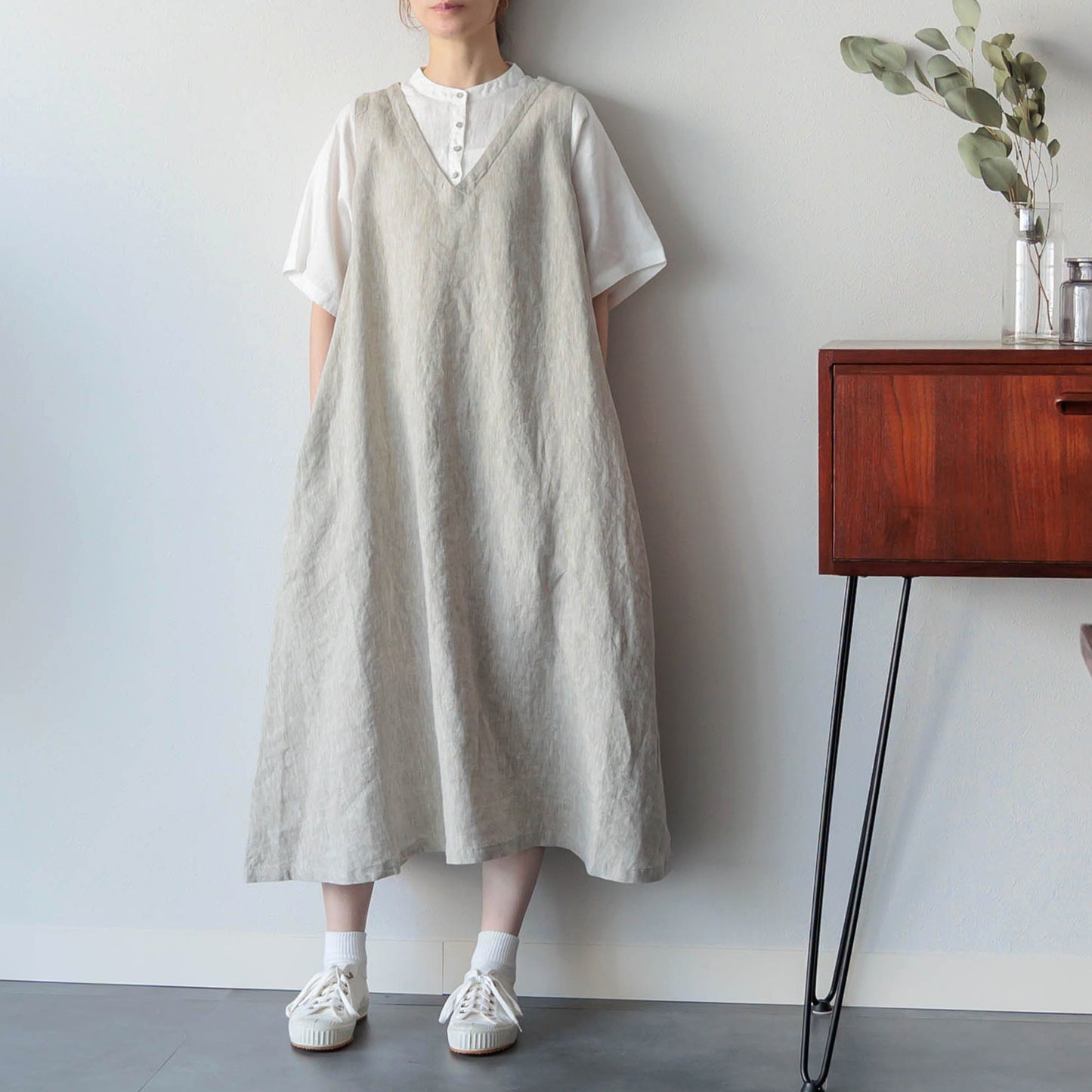 【ドッキング】14番手×9番手 ヨーロピアンリネン重ね着風半袖ワンピース08Mab：CF-526HF1460